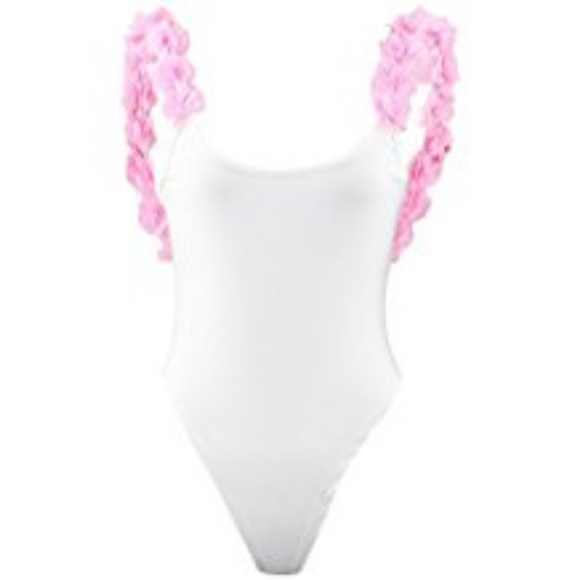 white swimsuit with pink flowers